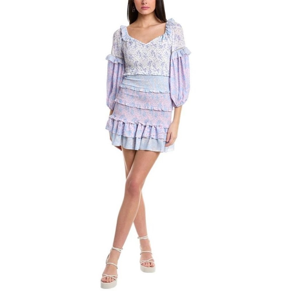 70/21 Floral Tiered Boho Ruffled Hem Mini Dress Size XS In Blue Pink